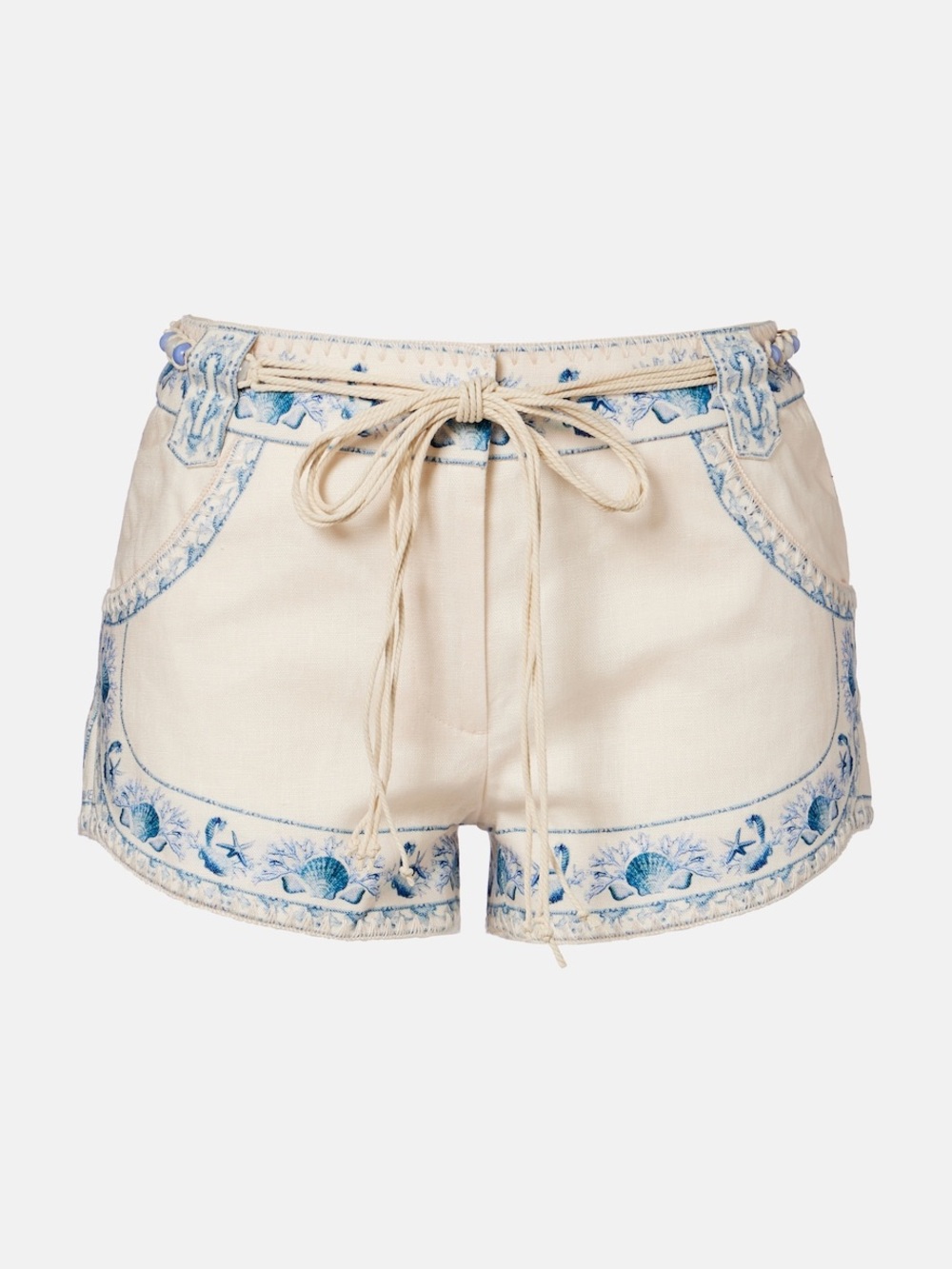 Women’s Cream Linen Beach Bag with Blue Floral Embroidery